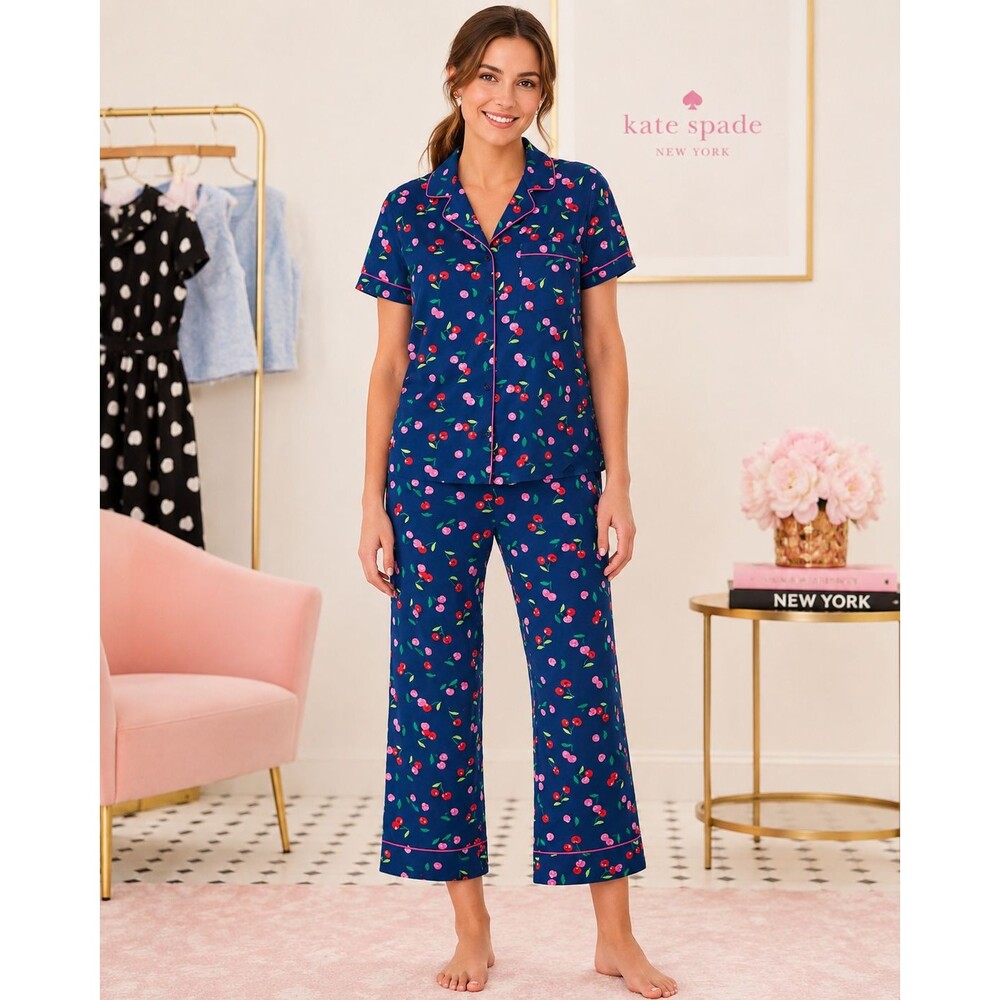 KATE SPADE NEW YORK Women’s New Set Pijama Top Pants SMALL Cherry Print KS82786T